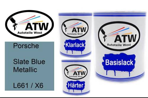Porsche, Slate Blue Metallic, L661 / X6: 1L Lackdose + 1L Klarlack + 500ml Härter - Set, von ATW Autoteile West.